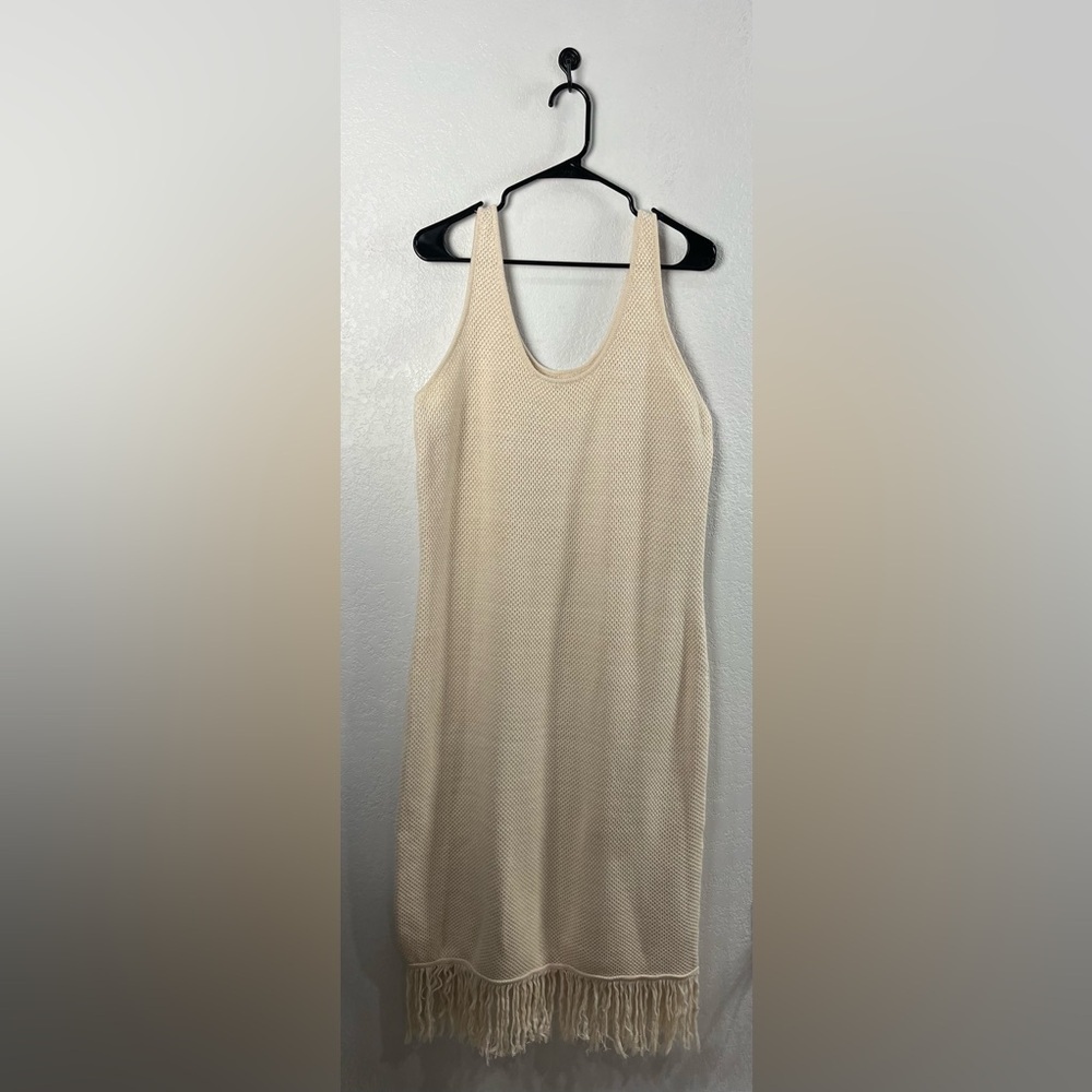 Future Collective Women’s Cream Sleeveless Fringe Hemline Midi Dress plus Sz 1X